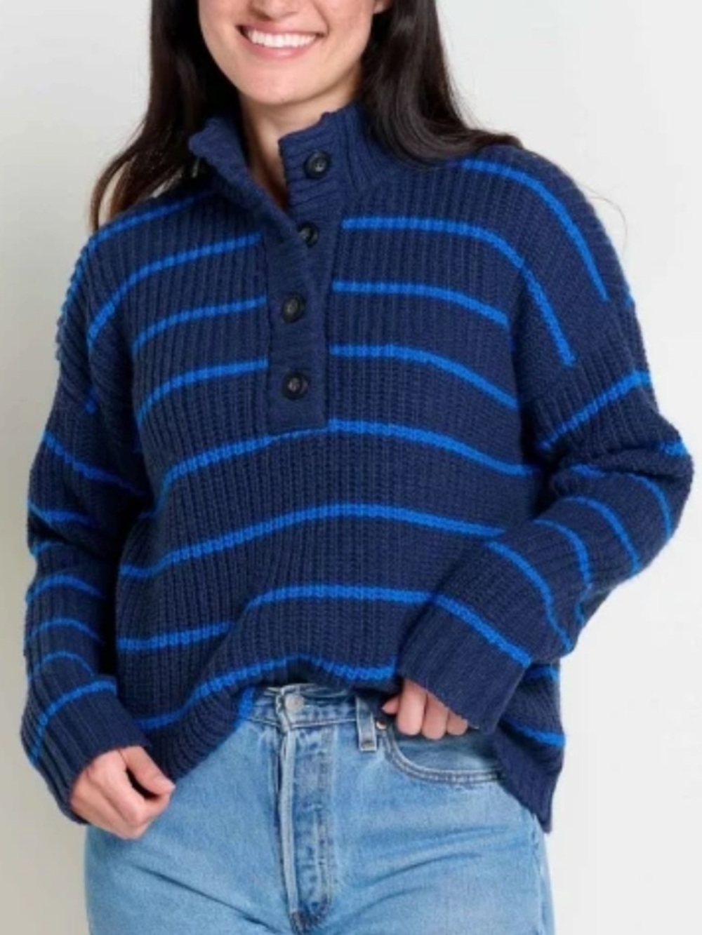 Toad&Co Moss Point Henley Sweater Chunky Blue Striped Size Medium